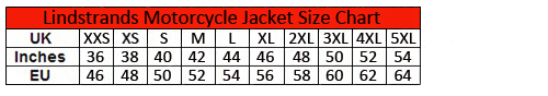 Lindstrands Transtrand Laminated Motorcycle Jacket size chart