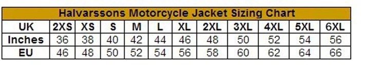 Halvarssons Gruven Textile Laminated Motorcycle Jacket  size chart